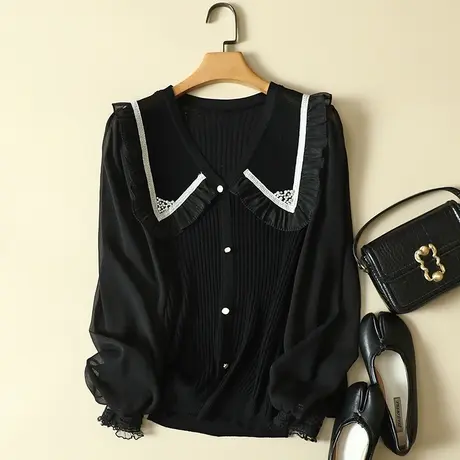 秋装女2023年新款雪纺袖冰丝针织假开衫女宽松上衣洋气蕾丝打底衫图片