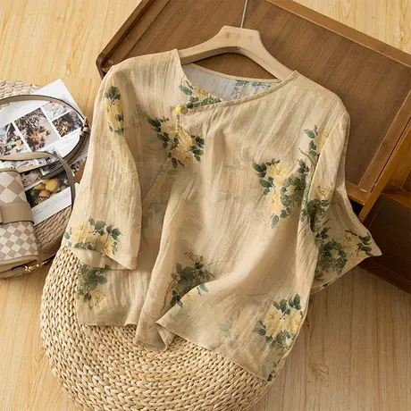 享永子五分袖印花苎麻上衣女文艺复古宽松棉麻小衫气质2023新款夏图片