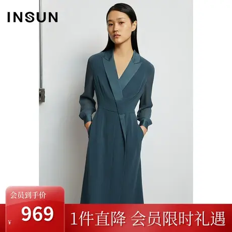恩裳商场同款春季时尚西装领拼接通透感网纱袖舒适醋酸连衣裙图片