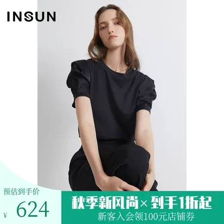 恩裳商场同款夏时尚拼接自然褶皱量感袖舒适纯棉百搭T恤商品大图