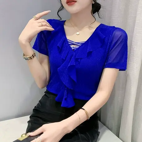 2023夏装新款性感V领网纱T恤女短袖洋气荷叶边漂亮上衣修身小衫潮商品大图