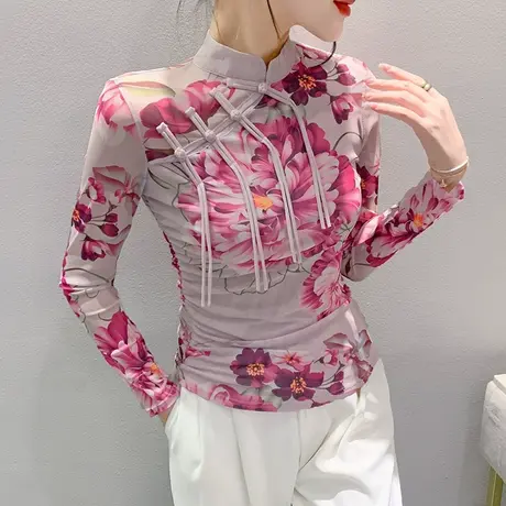 复古印花打底衫女长袖国潮风设计感立领盘扣上衣别致网纱T恤秋装商品大图