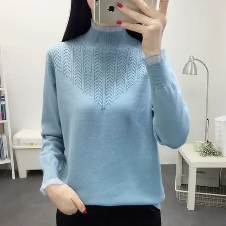 毛衣2022年新款女半高领蕾丝拼接外穿宽松女士毛衣麻花洋气上衣潮商品大图