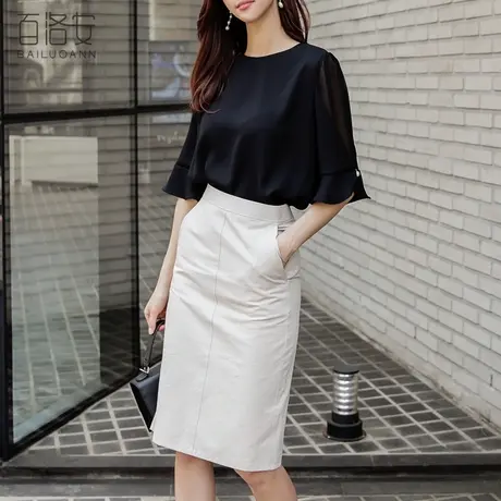 百洛安时尚圆领衬衣女夏季新款优雅气质喇叭袖衬衫洋气T恤衫上衣图片