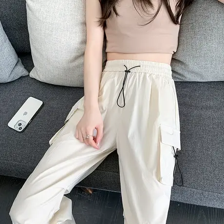 白色工装阔腿裤女夏季薄款高腰宽松显瘦束脚休闲ins抽绳速干裤潮图片
