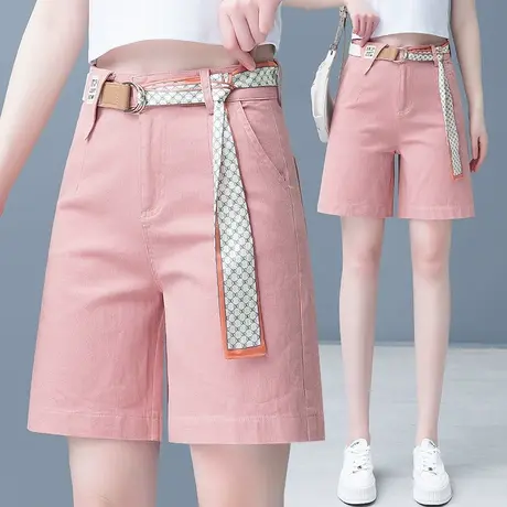 粉色牛仔五分裤女2023年新款a字阔腿裤夏季薄款韩版时尚直筒短裤图片