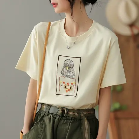 dza文艺复古纯棉短袖T恤女2023夏季薄款刺绣体恤宽松显瘦打底上衣商品大图