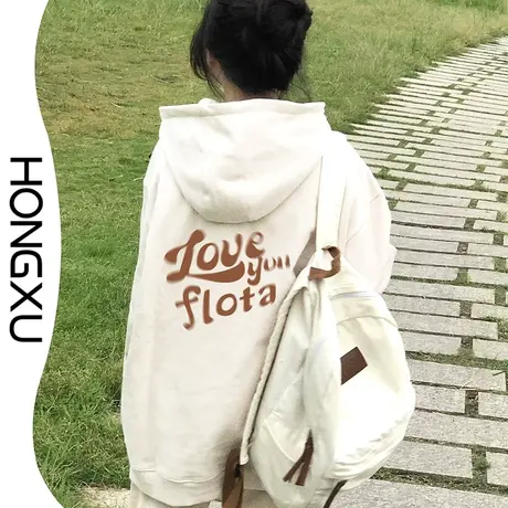 红续美式复古高街加厚连帽卫衣秋冬ins新款前后艺术印花保暖上衣图片