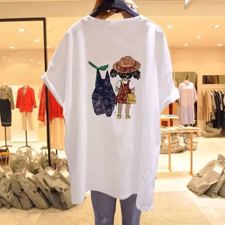 圆领白色t恤女纯棉短袖宽松小众感印花2023夏新款纯棉设计感上衣图片