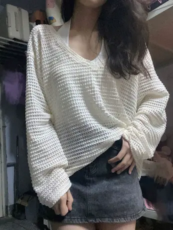 V领针织防晒衫女夏季薄款镂空长袖t恤叠穿设计感小众别致宽松上衣商品大图