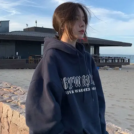 韩版宽松连帽卫衣女秋冬大码小众设计感美式复古oversize外套上衣图片
