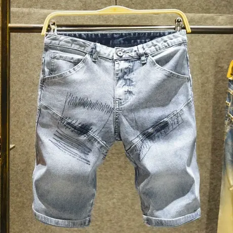 牛仔短裤男潮牌宽松中裤蓝色韩版潮流拼接男弹力休闲5五分裤夏潮商品大图