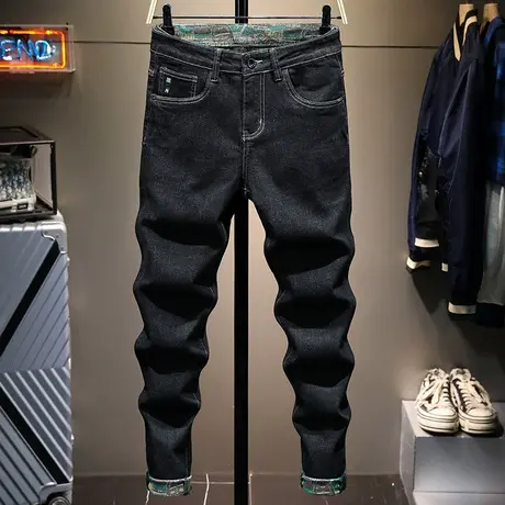 2021年秋冬款加厚牛仔裤男高端潮牌刺绣弹性修身抓绒小脚长裤子男商品大图