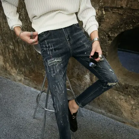 2023春装潮流泼漆破洞牛仔裤男韩版修身刮烂小脚裤个性油漆铅笔裤商品大图