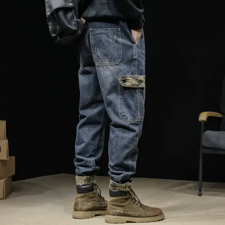 美式工装裤子男士宽松直筒大码2023新款复古做旧春秋牛仔裤男秋冬商品大图