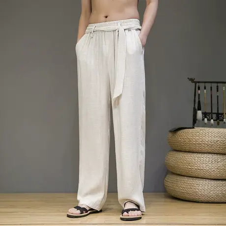 中国风亚麻裤子男装夏季薄款透气宽松直筒垂感棉麻阔腿裤大码休闲商品大图
