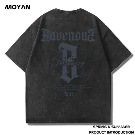 b字母短袖美式t恤男水洗做旧高街潮牌纯棉夏季男大码体恤情侣t衫商品大图