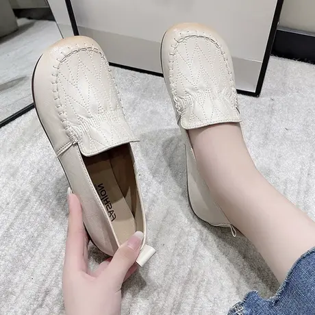 2023春秋新款真软皮休闲一脚蹬豆豆鞋牛筋软底百搭中老年妈妈鞋女商品大图