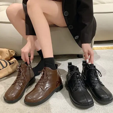 短靴女软底马丁靴2023年春秋季新款韩版芒果方头单绒里短筒显瘦图片