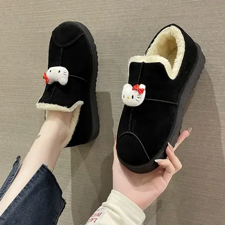 2023新款短筒卡通低帮雪地靴女时尚一脚蹬面包鞋加绒懒人KT猫棉鞋图片