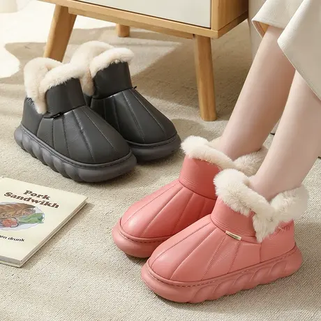冬季高帮棉拖鞋女包跟防水PU皮室内家居外穿厚底保暖防滑月子棉鞋商品大图