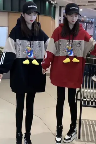 大码加绒加厚卫衣女连帽中长款春秋季胖mm新款显瘦宽松上衣200斤商品大图