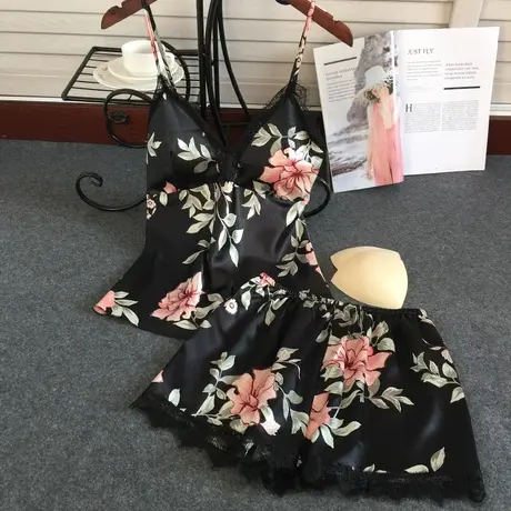 睡衣女夏季冰丝绸薄款性感日系甜美印花吊带胸垫两件套春秋家居服图片