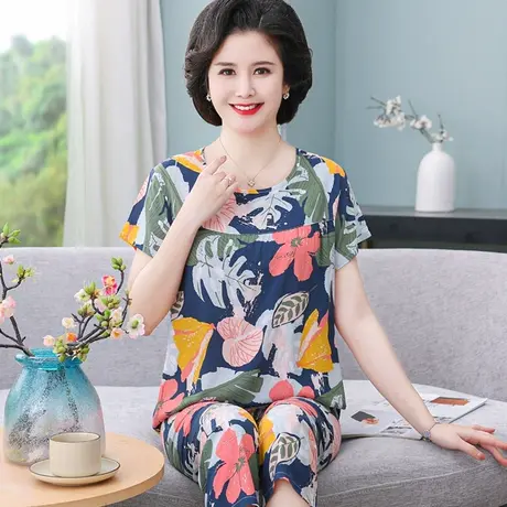 棉绸睡衣女夏季薄款中年妈妈大码绵绸家居服两件套老年人短袖套装图片