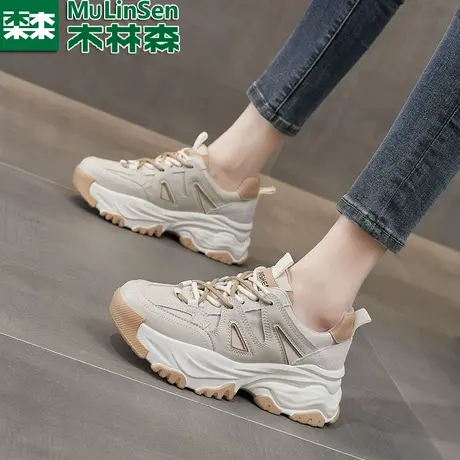 木林森真皮老爹鞋女2023秋冬新款女鞋百搭鞋子韩版厚底休闲运动鞋商品大图