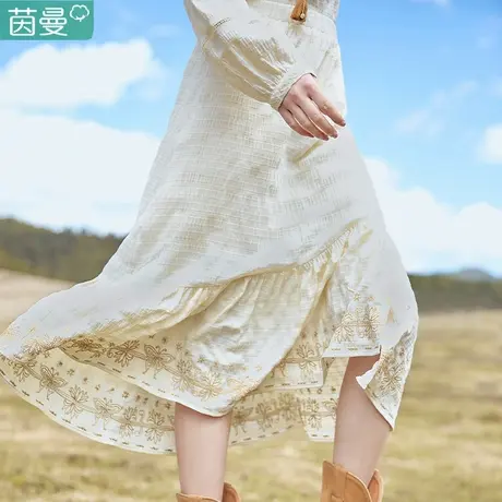 茵曼白色半身裙女秋款女装2023年新款法式绣花长裙a字裙鱼尾裙子商品大图