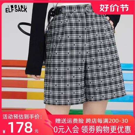 【商场同款】妖精的口袋高腰短裤女2023秋季新款宽松直筒格子裤子图片