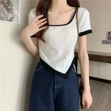 2023新款设计感小众甜辣妹拼接短款上衣不规则正肩短袖T恤女夏季图片