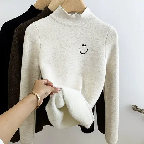 半高领加绒加厚套头毛衣女秋冬内搭亮丝套头上衣一体水貂绒打底衫商品大图