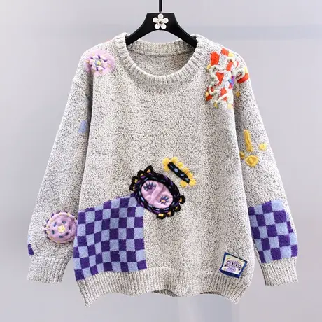 复古慵懒风卡通套头毛衣女秋冬2023新款宽松设计感洋气针织衫上衣图片