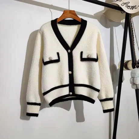 小香风毛衣外套女秋冬新款宽松v领气质名媛法式针织开衫短款上衣商品大图