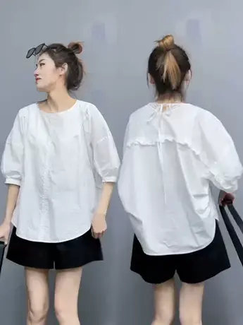 不规则衬衫女设计感小众2023夏装新款宽松显瘦圆领木耳边上衣衬衣商品大图