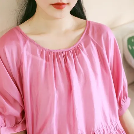 胖妹妹夏季2023新品文艺复古宽松连衣裙 加大码抽绳设计短袖长裙商品大图