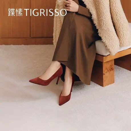 蹀愫2025春季新款不累脚婚鞋红色羊皮尖头高跟鞋单鞋TA54534-11图片