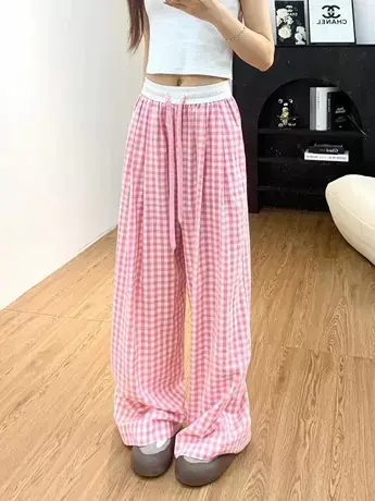 遛弯裤女韩系可爱泡泡棉睡裤外穿高腰显瘦慵懒直筒阔腿休闲裤女夏商品大图