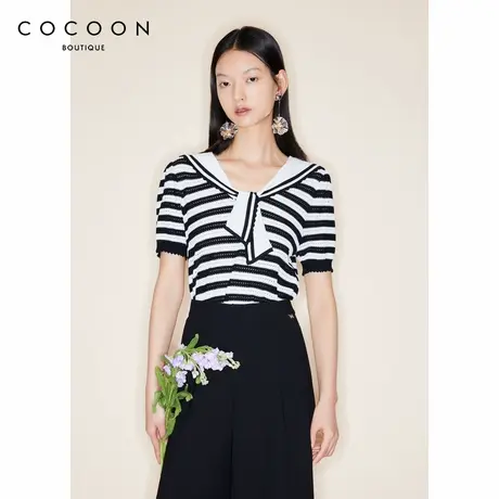 可可尼COCOON商场同款学院风气质系带蝴蝶结黑白撞色条纹针织衫女商品大图