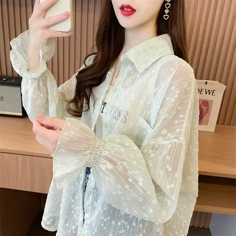 户外透气薄款雪纺防晒衣衬衫女夏装韩版宽松大码中长款衬衣外套潮商品大图