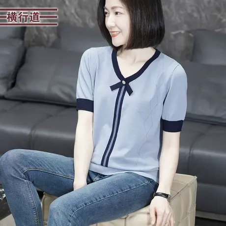 简约复古菱形格螺纹收边V领拼色宽松短袖针织衫女装2025新款夏季商品大图
