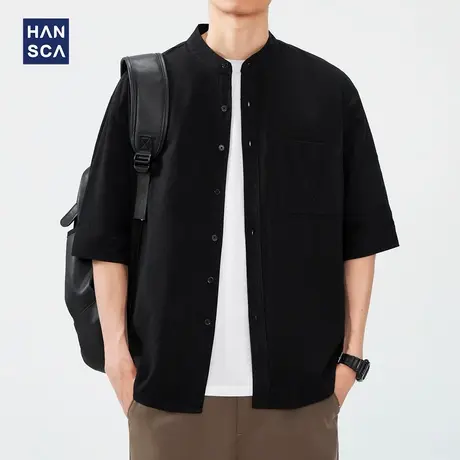hansca新中式立领衬衫男高级感痞帅短袖2025夏季新款宽松衬衣外套商品大图