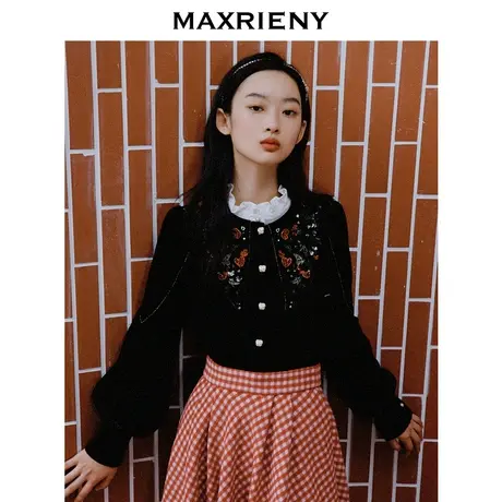 MAXRIENY刺绣立领丝绒上衣女装复古减龄甜美衬衫衬衣图片