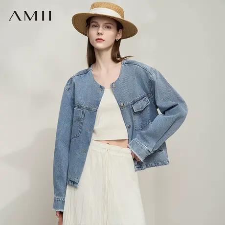 AMII【复古港风】25秋季复古丹宁港风圆领纯棉长袖牛仔外套女图片