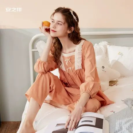 安之伴纯棉睡衣女春秋款长袖甜美风减龄少女感方领家居服套装大码商品大图