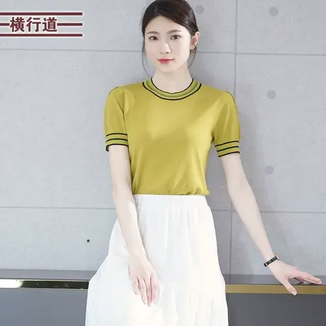 圆领短袖针织衫2023新款夏装纯色简约女上衣外穿小衫显瘦洋气女装商品大图