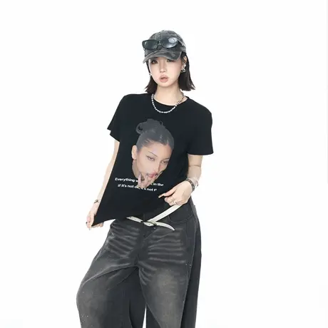 2025夏季新款正肩短款印花短袖T恤女美式辣妹街头风情侣半袖上衣商品大图
