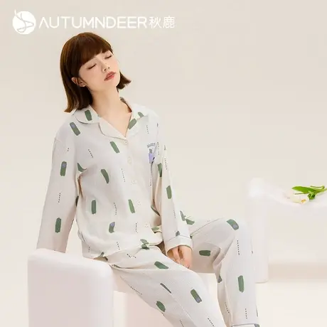 秋鹿卡通印花睡衣女春秋款长袖长裤开衫针织棉女生秋季家居服套装图片