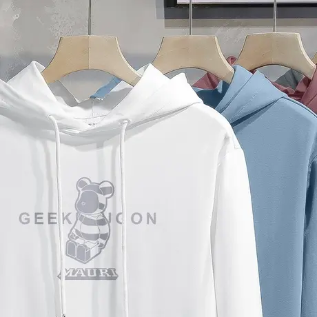 男士连帽卫衣春秋款加绒加厚休闲长袖带帽衫白色小熊外套宽松潮流商品大图